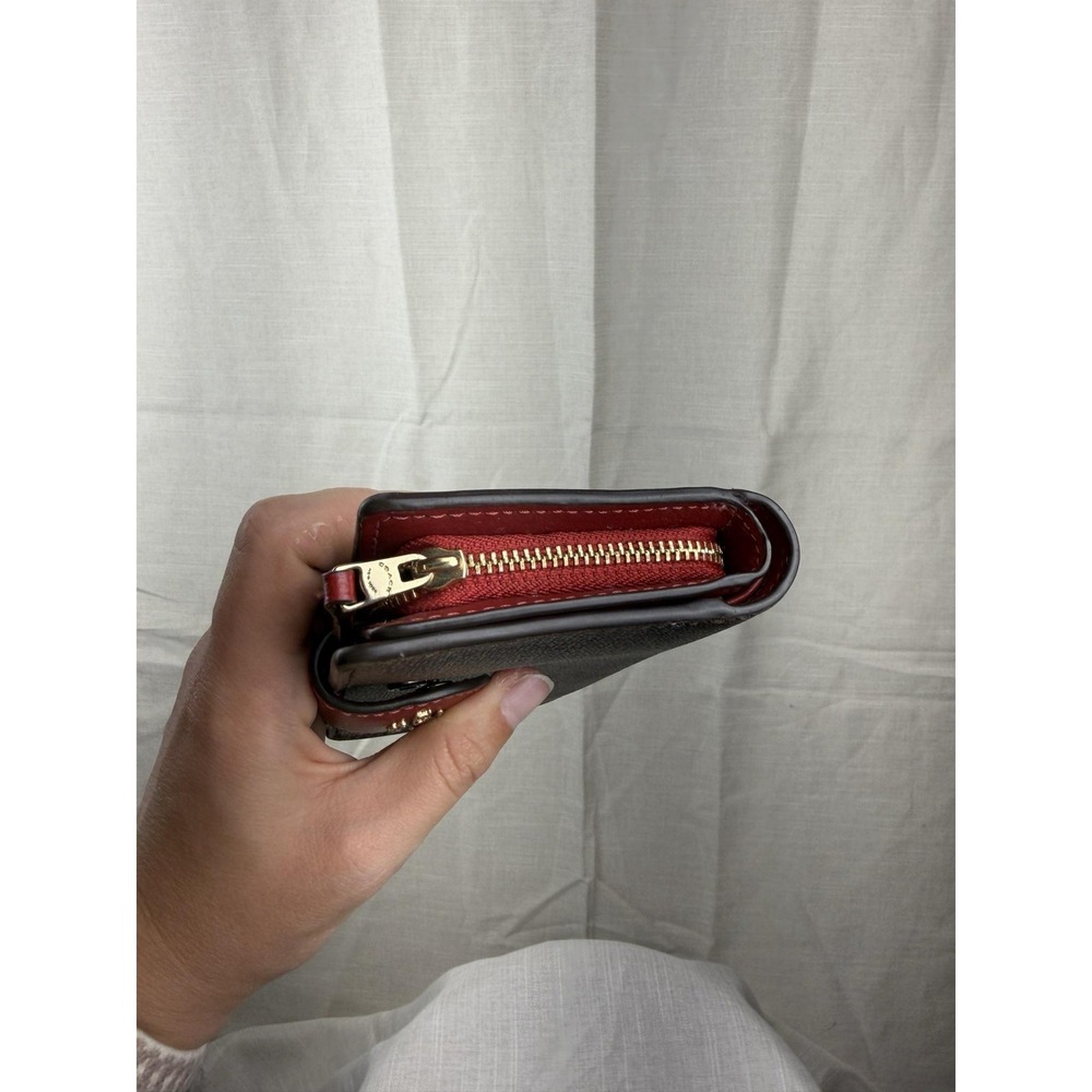 Coach Wallet Womens One Size Brown Red Signature Logo Zip Around Bifold Leather - Picture 11 of 12